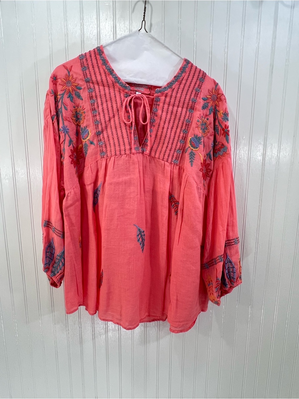 Johnny Was Workshop Coral Ramie Boho Floral Embroidered Peasant Blouse L